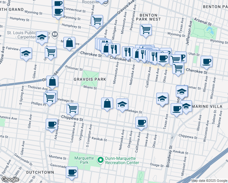 map of restaurants, bars, coffee shops, grocery stores, and more near 3026 Miami Street in St. Louis