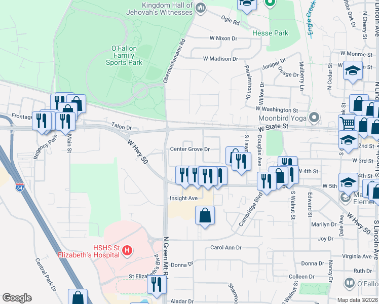 map of restaurants, bars, coffee shops, grocery stores, and more near 307 Eagle Ridge in O'Fallon