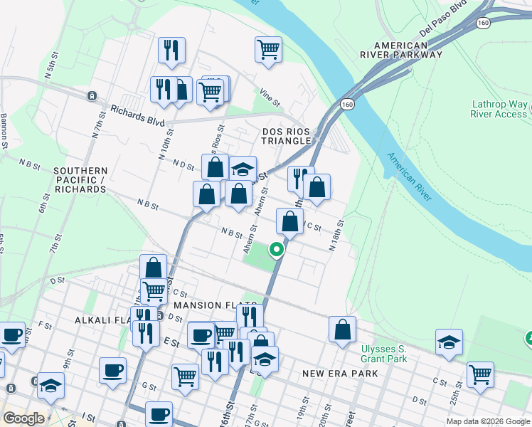 map of restaurants, bars, coffee shops, grocery stores, and more near 270-298 Ahern Street in Sacramento