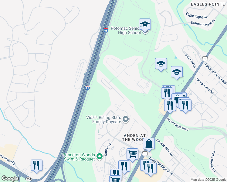 map of restaurants, bars, coffee shops, grocery stores, and more near 16547 Telescope Lane in Dumfries