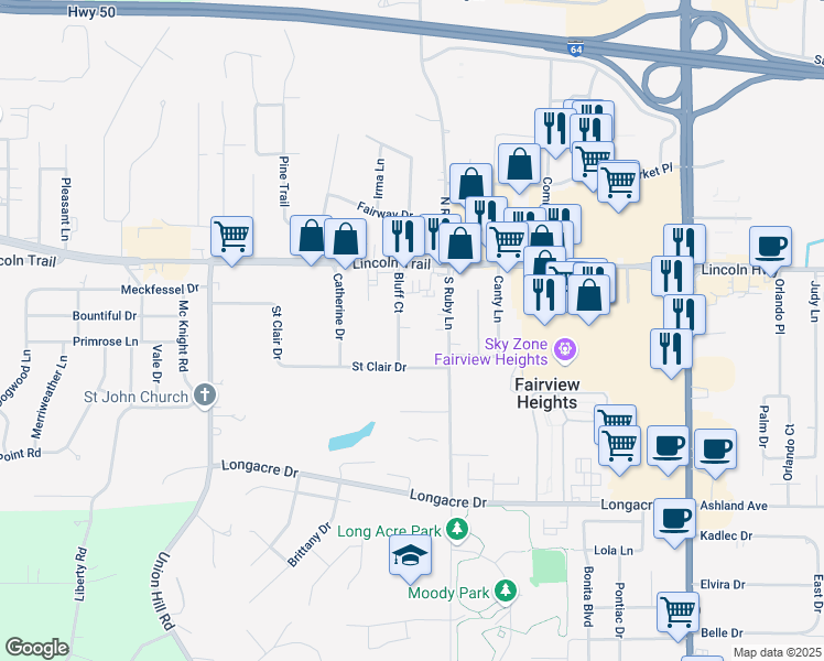 map of restaurants, bars, coffee shops, grocery stores, and more near 17 Bluff Court in Fairview Heights