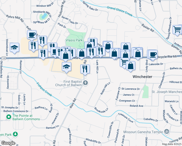 map of restaurants, bars, coffee shops, grocery stores, and more near 120 Ballwin Manor Drive in Ballwin