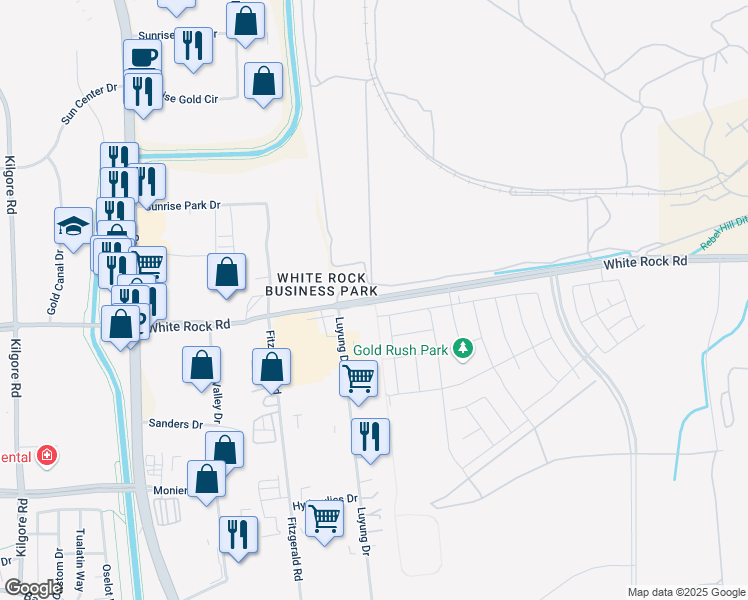 map of restaurants, bars, coffee shops, grocery stores, and more near 11350 White Rock Road in Rancho Cordova
