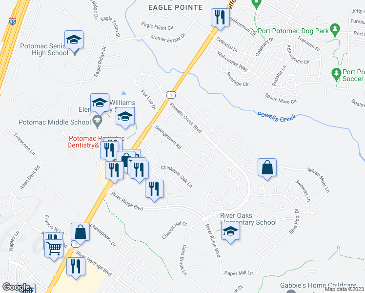 map of restaurants, bars, coffee shops, grocery stores, and more near 16602 Geddy Court in Woodbridge