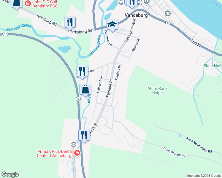 map of restaurants, bars, coffee shops, grocery stores, and more near 266 Flinders Drive in Vanceburg