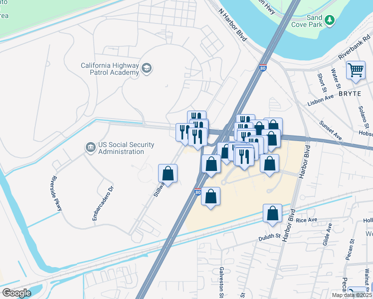 map of restaurants, bars, coffee shops, grocery stores, and more near 775 Stillwater Road in West Sacramento