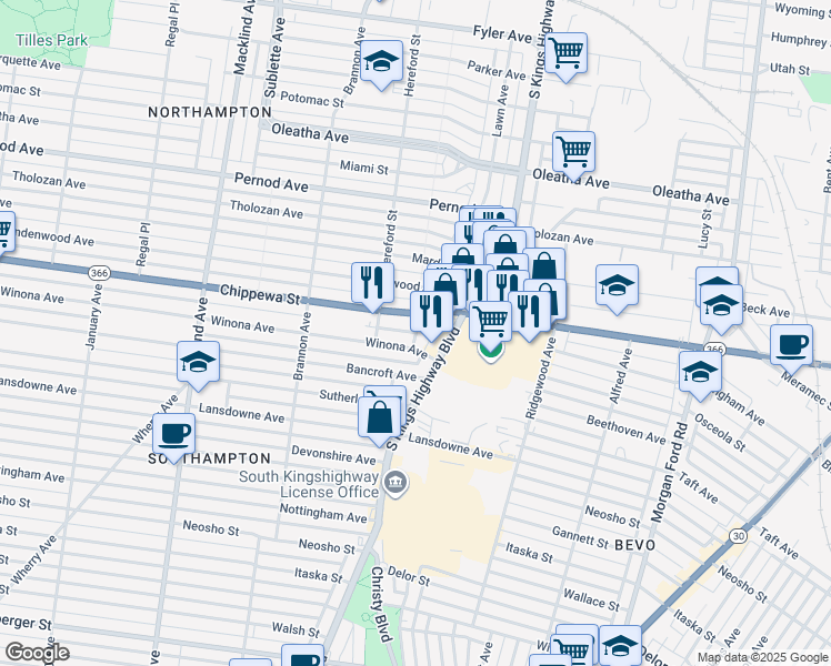 map of restaurants, bars, coffee shops, grocery stores, and more near 4232 Lawn Avenue in St. Louis