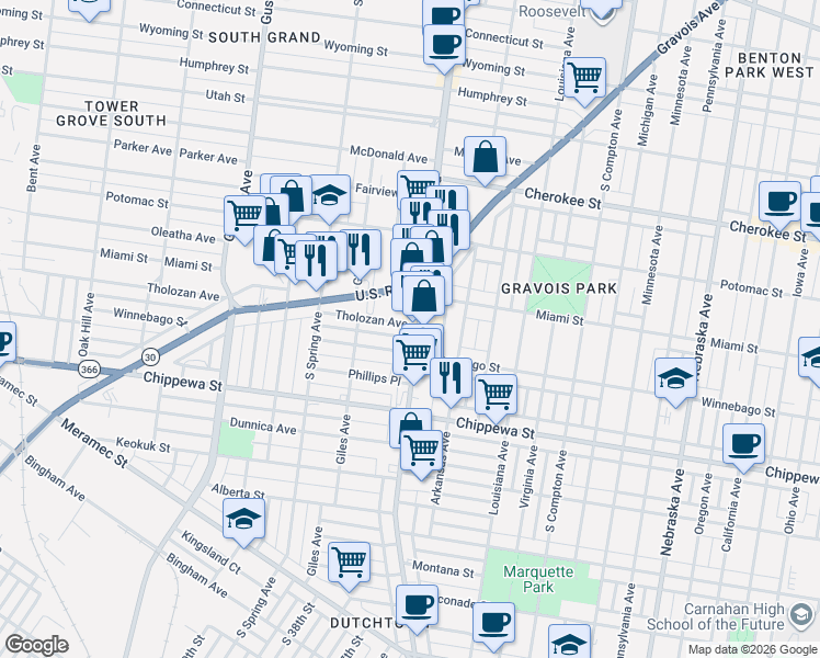 map of restaurants, bars, coffee shops, grocery stores, and more near 3661 South Grand Boulevard in St. Louis