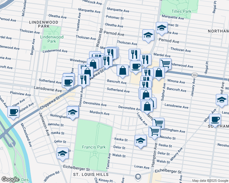 map of restaurants, bars, coffee shops, grocery stores, and more near 6337 Lansdowne Avenue in St. Louis