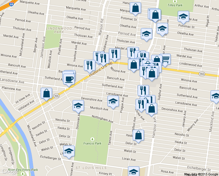 map of restaurants, bars, coffee shops, grocery stores, and more near 6337 Lansdowne Avenue in St. Louis