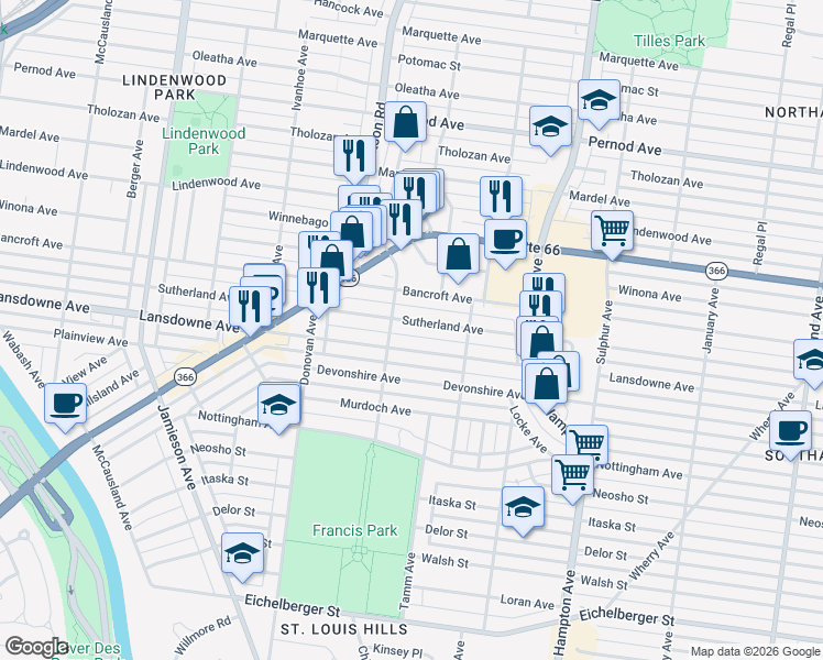 map of restaurants, bars, coffee shops, grocery stores, and more near 6381 Lansdowne Avenue in St. Louis