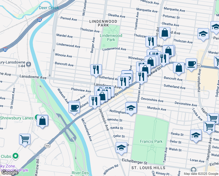 map of restaurants, bars, coffee shops, grocery stores, and more near 6719 Plainview Avenue in St. Louis