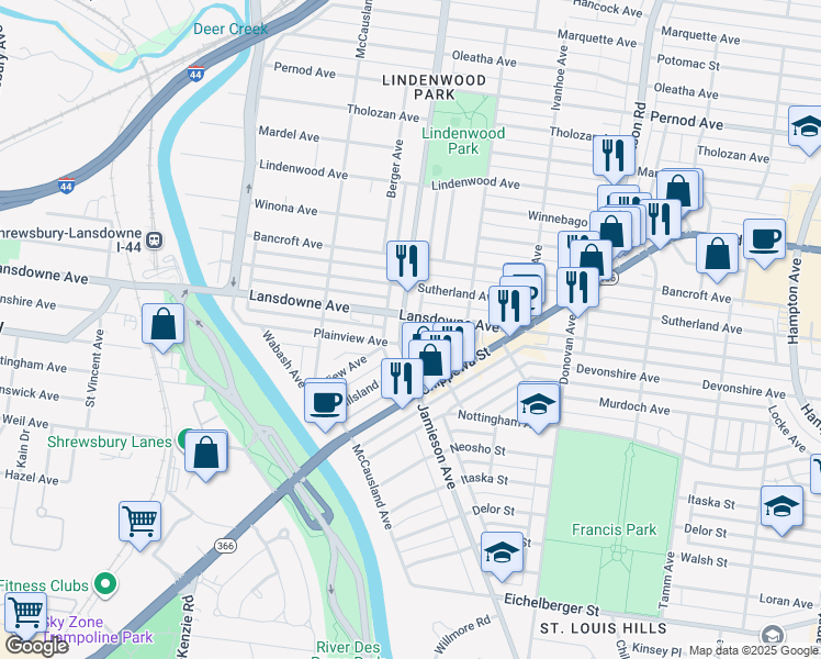 map of restaurants, bars, coffee shops, grocery stores, and more near 6765 Plainview Avenue in St. Louis