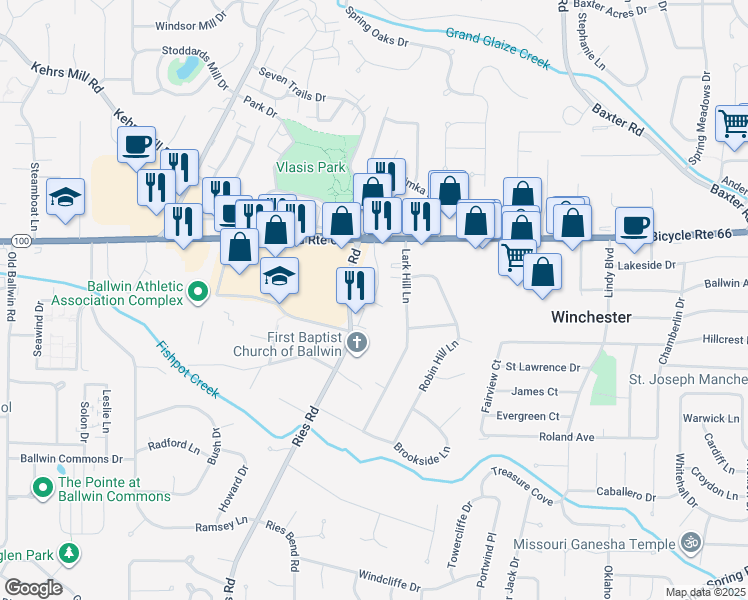 map of restaurants, bars, coffee shops, grocery stores, and more near 170 Ballwin Manor Drive in Ballwin