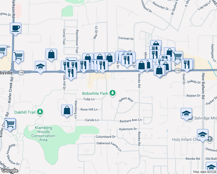map of restaurants, bars, coffee shops, grocery stores, and more near 27 East Meadow Lane in Ellisville