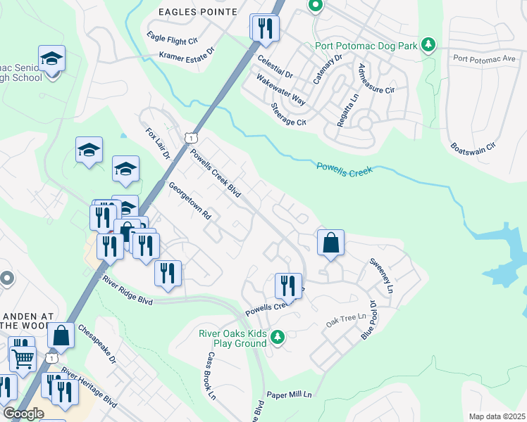 map of restaurants, bars, coffee shops, grocery stores, and more near 16577 Nanticoke Way in Woodbridge