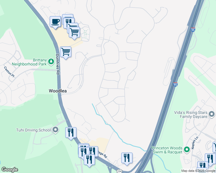 map of restaurants, bars, coffee shops, grocery stores, and more near 3721 Equinox Way in Dumfries