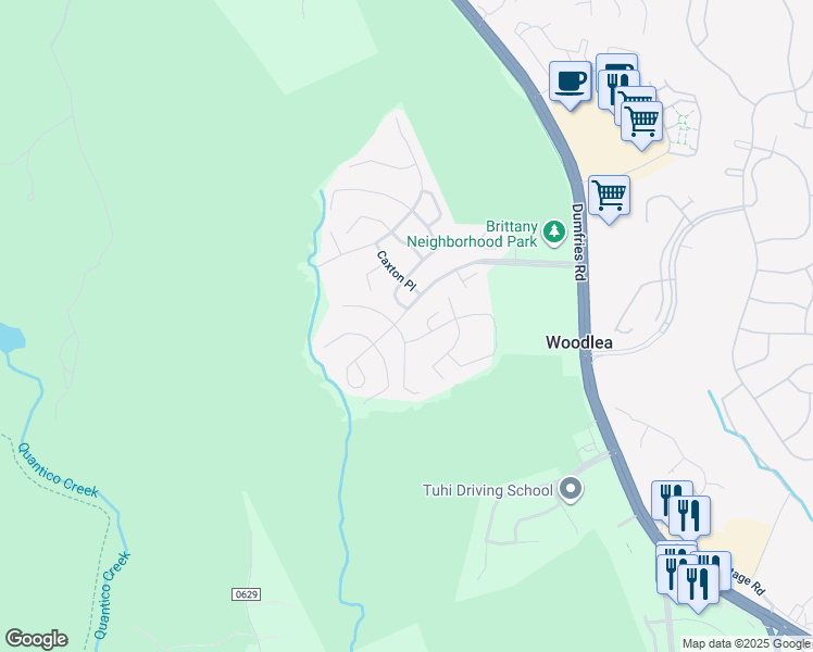 map of restaurants, bars, coffee shops, grocery stores, and more near 16701 Tintagel Court in Dumfries