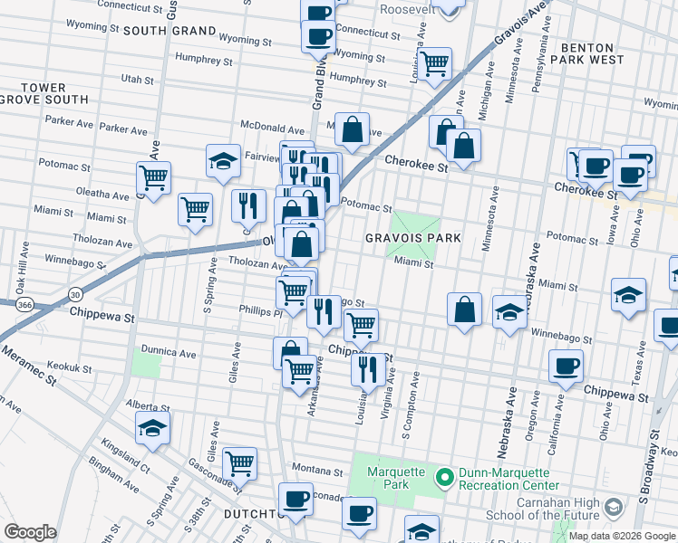 map of restaurants, bars, coffee shops, grocery stores, and more near 3639 Tennessee Avenue in St. Louis