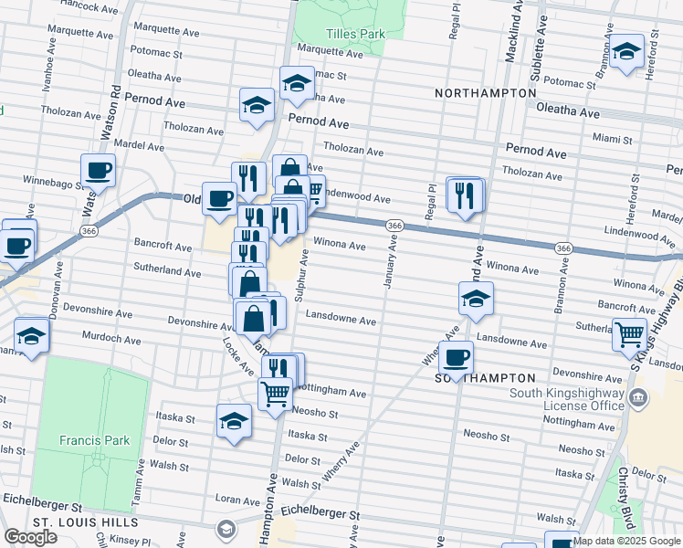 map of restaurants, bars, coffee shops, grocery stores, and more near 5706 Bancroft Avenue in St. Louis