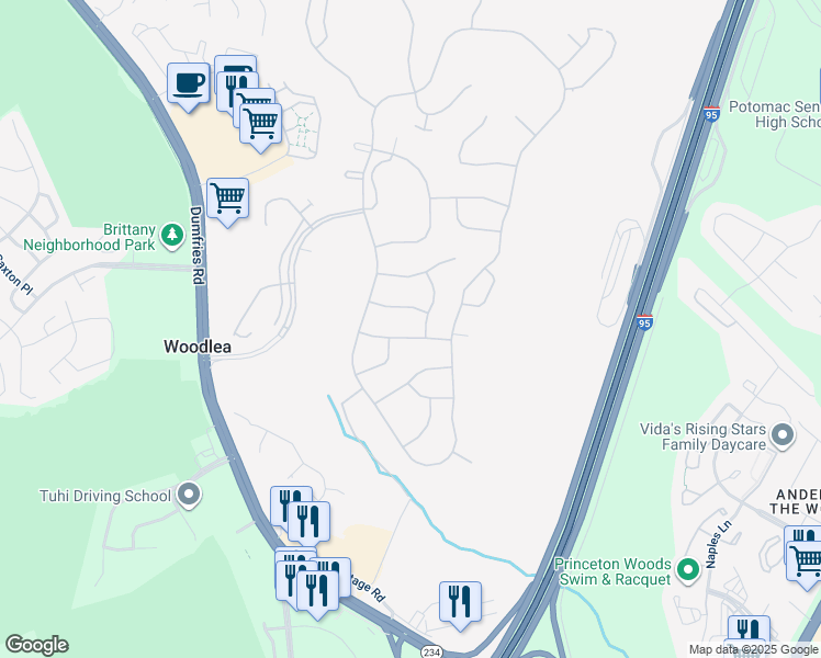 map of restaurants, bars, coffee shops, grocery stores, and more near 3741 Equinox Way in Dumfries