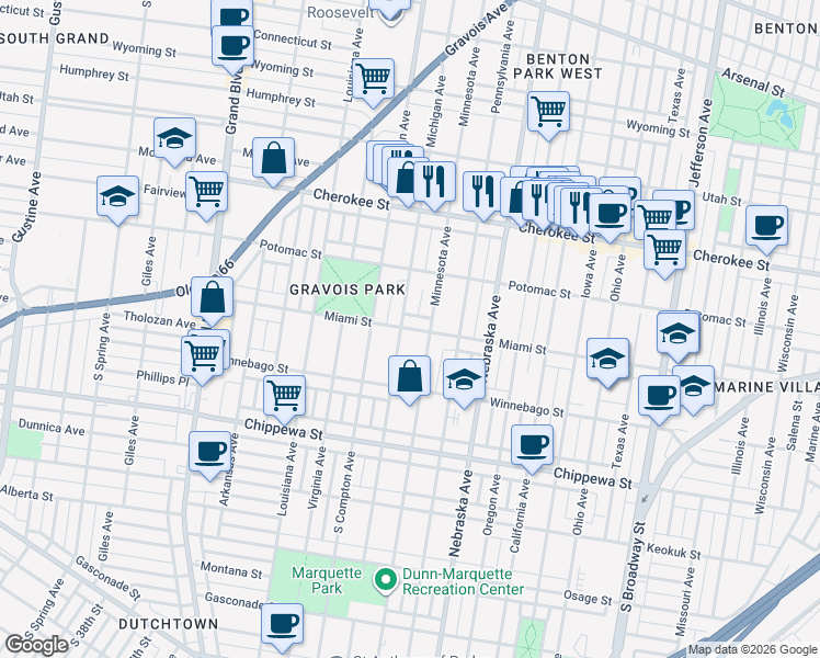 map of restaurants, bars, coffee shops, grocery stores, and more near 3118 Miami Street in Saint Louis