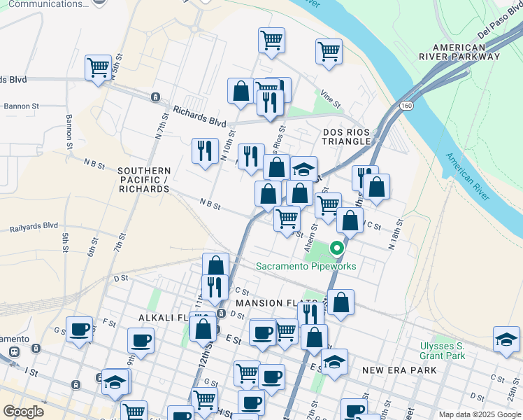 map of restaurants, bars, coffee shops, grocery stores, and more near 201 N 12th St in Sacramento