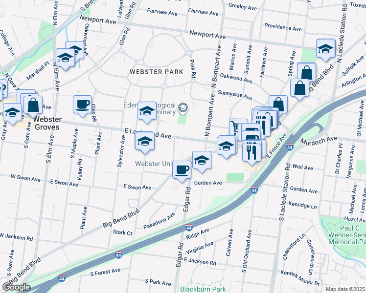 map of restaurants, bars, coffee shops, grocery stores, and more near 470 East Lockwood Avenue in Webster Groves