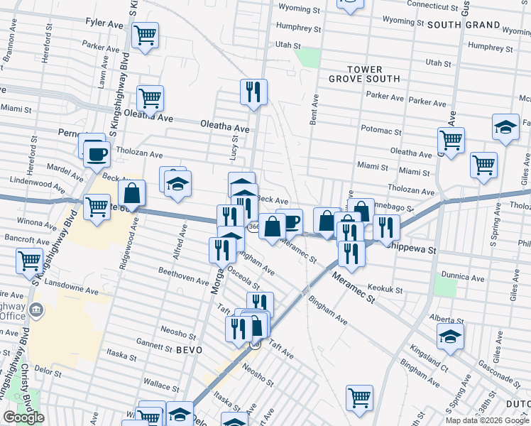 map of restaurants, bars, coffee shops, grocery stores, and more near 4275 Chippewa Street in St. Louis
