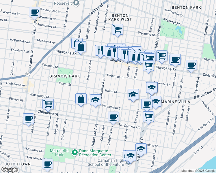 map of restaurants, bars, coffee shops, grocery stores, and more near 2841 Miami Street in St. Louis
