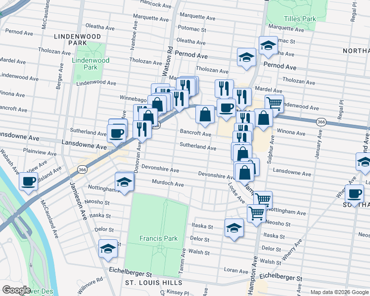 map of restaurants, bars, coffee shops, grocery stores, and more near 6337 Lansdowne Avenue in St. Louis