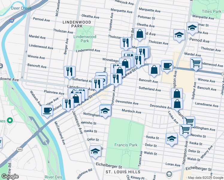 map of restaurants, bars, coffee shops, grocery stores, and more near 4500 Donovan Avenue in St. Louis