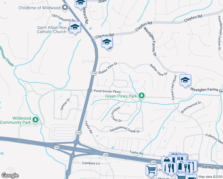map of restaurants, bars, coffee shops, grocery stores, and more near 16931 Hickory Forest Lane in Ballwin