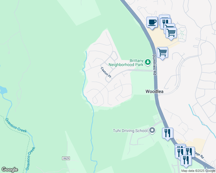 map of restaurants, bars, coffee shops, grocery stores, and more near 16701 Tintagel Court in Dumfries