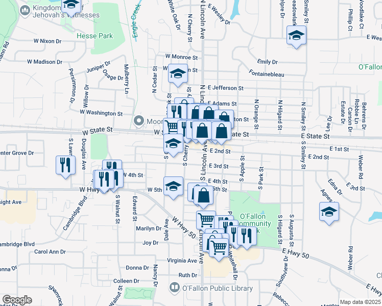 map of restaurants, bars, coffee shops, grocery stores, and more near in O'Fallon