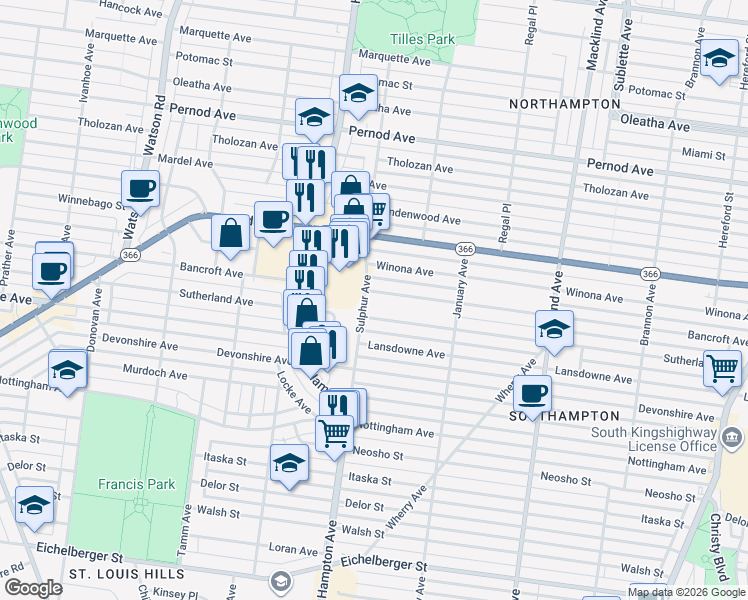 map of restaurants, bars, coffee shops, grocery stores, and more near 5733 Sutherland Avenue in St. Louis