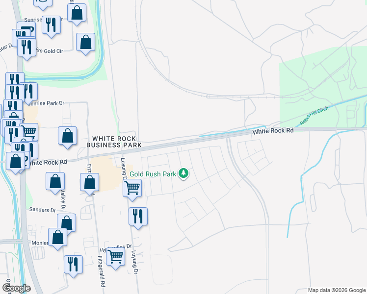 map of restaurants, bars, coffee shops, grocery stores, and more near 11350-11388 White Rock Road in Rancho Cordova
