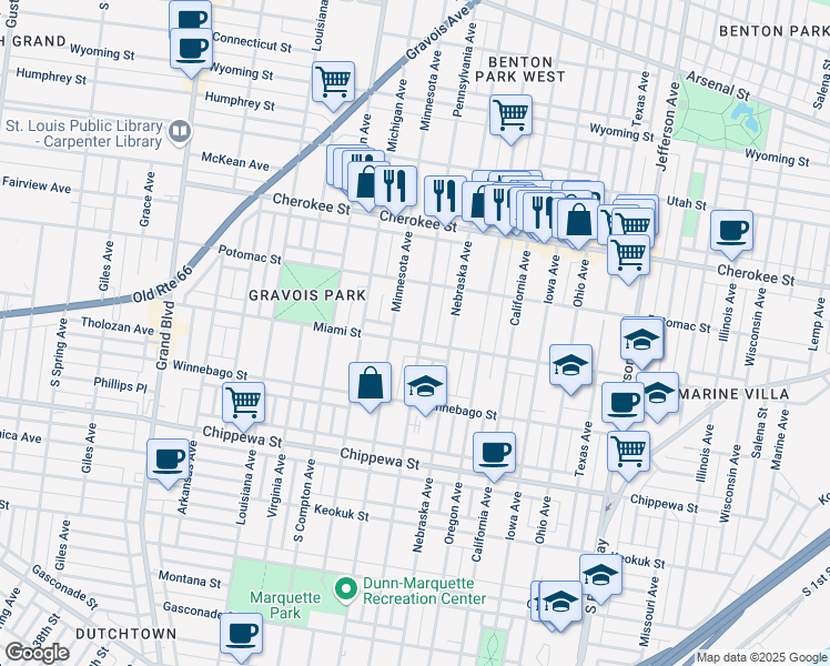 map of restaurants, bars, coffee shops, grocery stores, and more near 2920 Miami Street in St. Louis