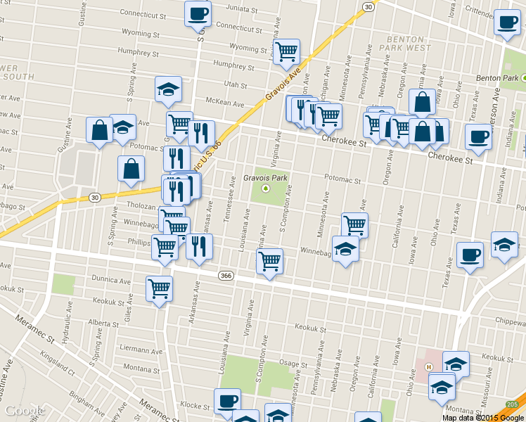 map of restaurants, bars, coffee shops, grocery stores, and more near 3622 Virginia Avenue in St. Louis