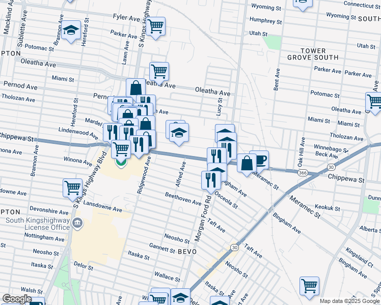 map of restaurants, bars, coffee shops, grocery stores, and more near 4400 Chippewa Street in St. Louis