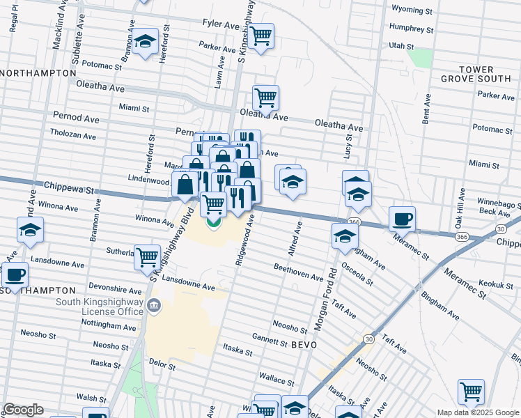 map of restaurants, bars, coffee shops, grocery stores, and more near in St. Louis