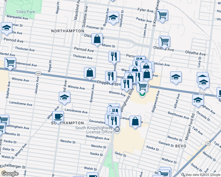 map of restaurants, bars, coffee shops, grocery stores, and more near 5014 Winona Avenue in St. Louis