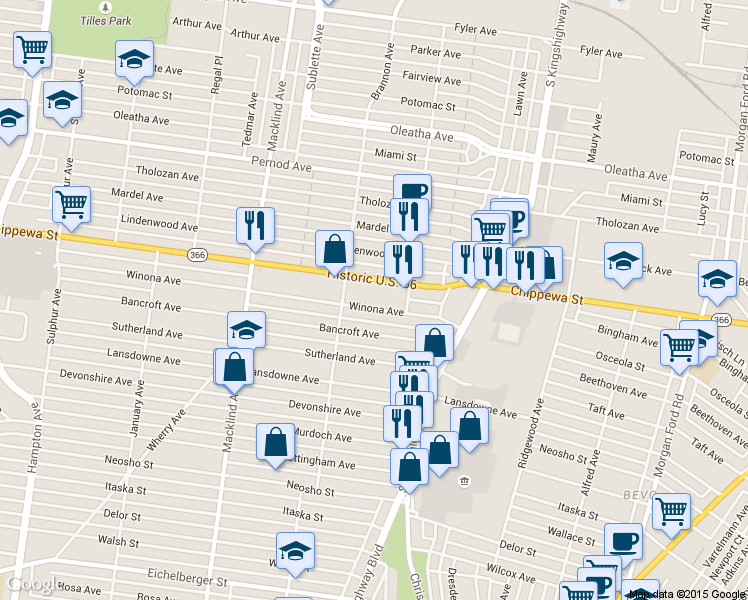 map of restaurants, bars, coffee shops, grocery stores, and more near 5014 Winona Avenue in St. Louis