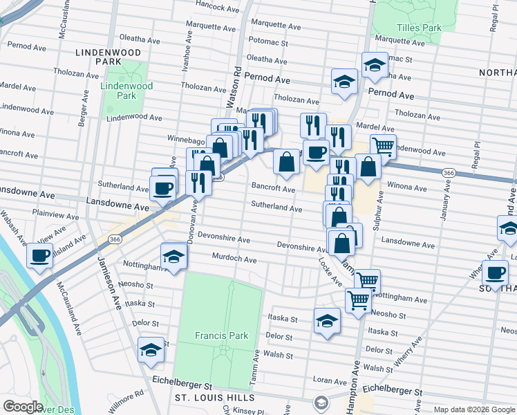 map of restaurants, bars, coffee shops, grocery stores, and more near 6337 Lansdowne Avenue in St. Louis