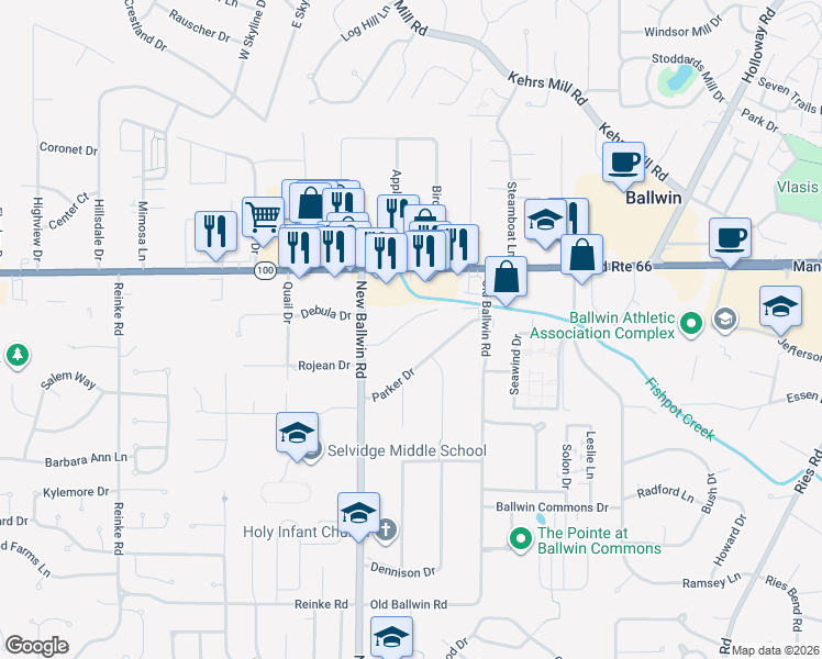 map of restaurants, bars, coffee shops, grocery stores, and more near 613 Parker Drive in Ballwin