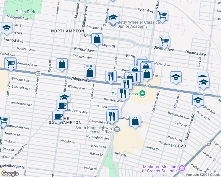 map of restaurants, bars, coffee shops, grocery stores, and more near 5014 Winona Avenue in St. Louis