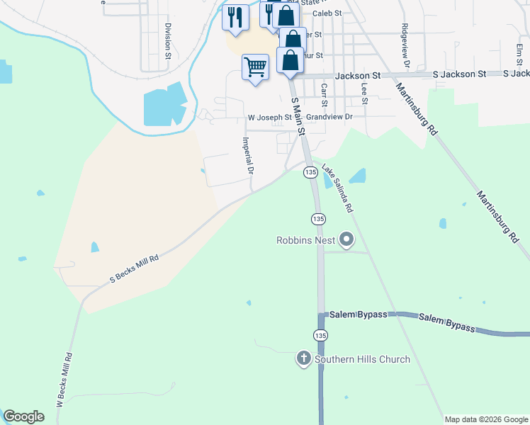 map of restaurants, bars, coffee shops, grocery stores, and more near 702 West Becks Mill Road in Salem