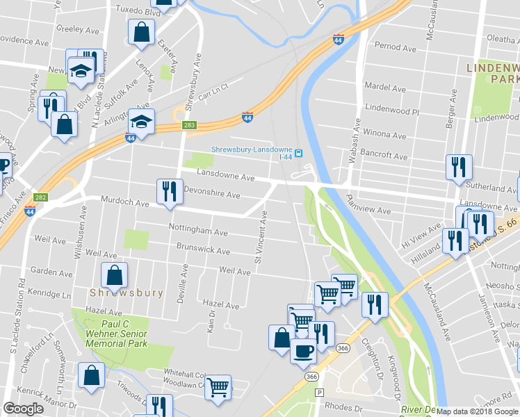 map of restaurants, bars, coffee shops, grocery stores, and more near 4600 Murdoch Cut Off in St. Louis