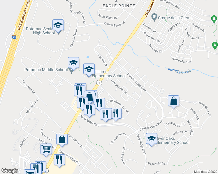 map of restaurants, bars, coffee shops, grocery stores, and more near 2922 Wren Court in Woodbridge