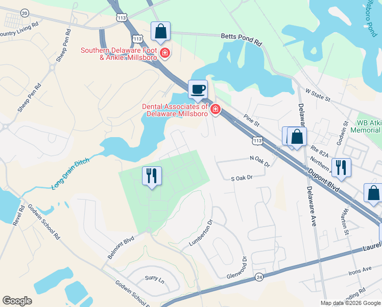 map of restaurants, bars, coffee shops, grocery stores, and more near 20928 Brunswick Lane in Millsboro